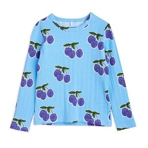 Mini Rodini Blue Plum Print Ribbed Long Sleeve, 7-9Y (Z4)